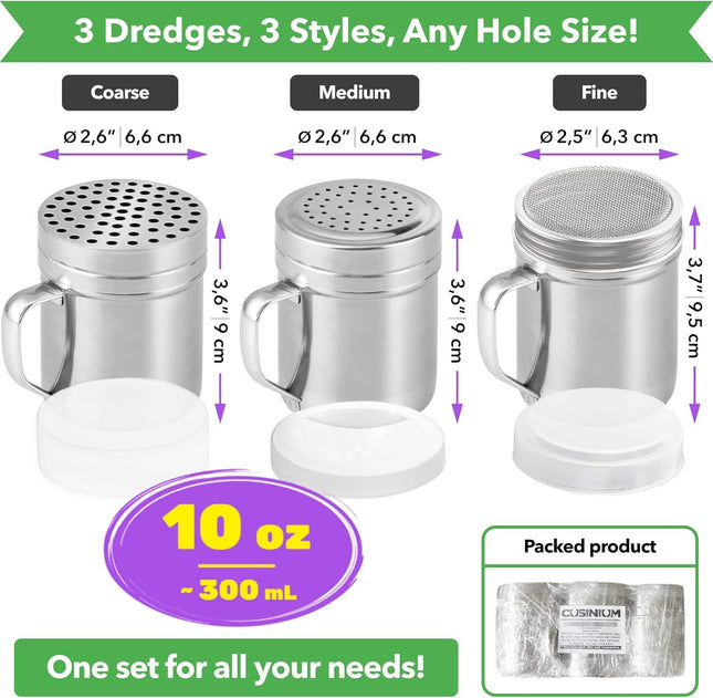 Set o 3 10oz Stainless Steel Dredges With Handle – product detail