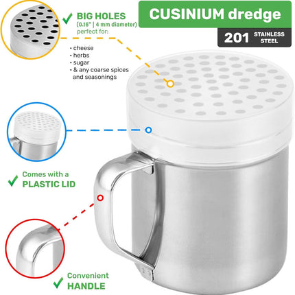 [Set o 3] 10oz Stainless Steel Dredges With Handle - ine Mesh + Medium Holes + Large Holes (or Coarse Seasonings)