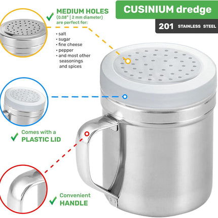 [Set o 3] 10oz Stainless Steel Dredges With Handle - ine Mesh + Medium Holes + Large Holes (or Coarse Seasonings)