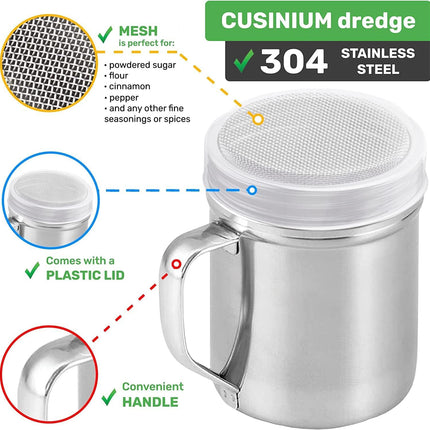[Set o 3] 10oz Stainless Steel Dredges With Handle - ine Mesh + Medium Holes + Large Holes (or Coarse Seasonings)
