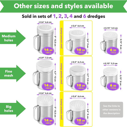 [Set o 3] 10oz Stainless Steel Dredges With Handle - ine Mesh + Medium Holes + Large Holes (or Coarse Seasonings)