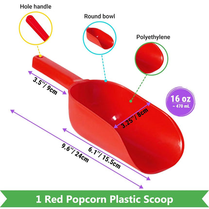 Double Handle Concession Popcorn Scoop + 16 oz Red Popcorn Plastic Scoop + [2-pcs] 10 oz Dredge Shakers Bundle