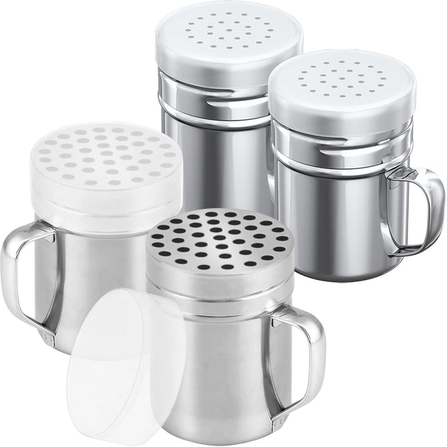 2-pcs 6 oz Metal Parmesan Cheese Shakers (Large Holes) Plus 2-pcs 6 oz Stainless Steel Salt Pepper Dredge