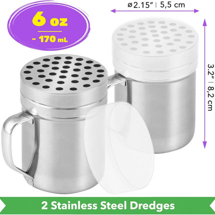 [2-pcs] 6 oz Metal Parmesan Cheese Shakers (Large Holes) + [2-pcs] 6 oz Stainless Steel Salt Pepper Dredge Shakers - All with Plastic Caps and Handles Bundle