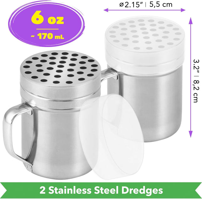 2-pcs 6 oz Metal Parmesan Cheese Shakers (Large Holes) Plus 2-pcs 6 oz Stainless Steel Salt Pepper Dredge – product detail