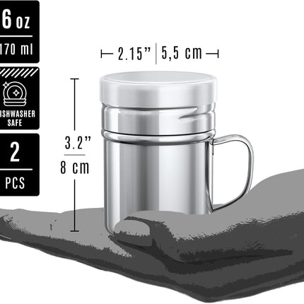 [2-pcs] 6 oz Metal Parmesan Cheese Shakers (Large Holes) + [2-pcs] 6 oz Stainless Steel Salt Pepper Dredge Shakers - All with Plastic Caps and Handles Bundle