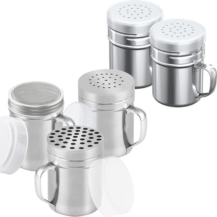 [3-pcs] 6 oz Stainless Steel Dredges (ine Mesh + Medium Holes + Large Holes) + [2-pcs] 6 oz Stainless Steel Salt Pepper Dredge Shakers - All with Plastic Caps and Handles Bundle