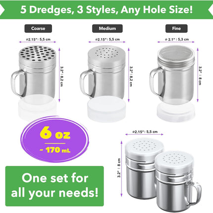 [3-pcs] 6 oz Stainless Steel Dredges (ine Mesh + Medium Holes + Large Holes) + [2-pcs] 6 oz Stainless Steel Salt Pepper Dredge Shakers - All with Plastic Caps and Handles Bundle
