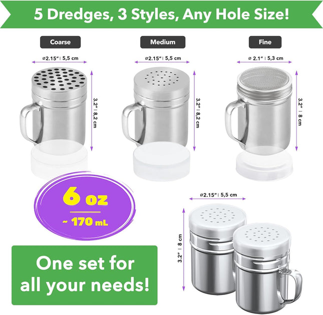3-pcs 6 oz Stainless Steel Dredges (ine Mesh Plus Medium Holes Plus Large Holes) Plus – product detail