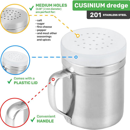 [3-pcs] 6 oz Stainless Steel Dredges (ine Mesh + Medium Holes + Large Holes) + [2-pcs] 6 oz Stainless Steel Salt Pepper Dredge Shakers - All with Plastic Caps and Handles Bundle