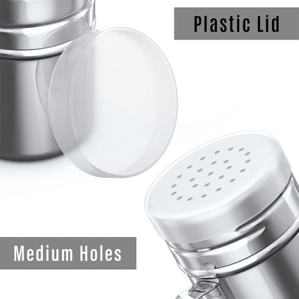 [3-pcs] 6 oz Stainless Steel Dredges (ine Mesh + Medium Holes + Large Holes) + [2-pcs] 6 oz Stainless Steel Salt Pepper Dredge Shakers - All with Plastic Caps and Handles Bundle