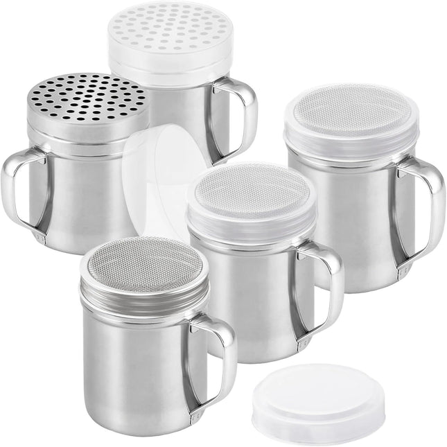 10oz 10oz 14oz Powdered Sugar Shakers Plus 2-pcs 10 oz Metal Parmesan Cheese Shakers (Large Holes)