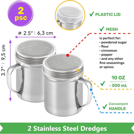 [10oz, 10oz, 14oz] Powdered Sugar Shakers + [2-pcs] 10 oz Metal Parmesan Cheese Shakers (Large Holes) - All with Plastic Caps and Handles Bundle