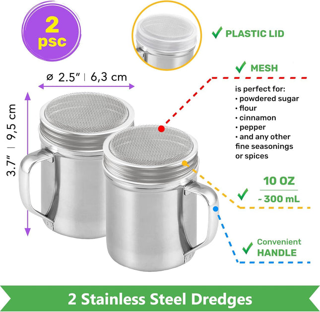 10oz 10oz 14oz Powdered Sugar Shakers Plus 2-pcs 10 oz Metal Parmesan Cheese Shakers (Large Holes) – product detail