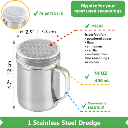 [10oz, 10oz, 14oz] Powdered Sugar Shakers + [2-pcs] 10 oz Metal Parmesan Cheese Shakers (Large Holes) - All with Plastic Caps and Handles Bundle