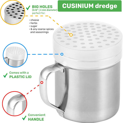 [10oz, 10oz, 14oz] Powdered Sugar Shakers + [2-pcs] 10 oz Metal Parmesan Cheese Shakers (Large Holes) - All with Plastic Caps and Handles Bundle