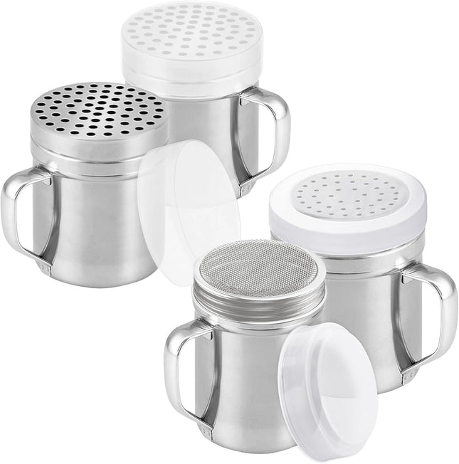 6 oz Powdered Sugar Shaker Plus 10 oz Salt Pepper Dredge Plus 2-pcs Metal Parmesan Cheese Shakers (Large