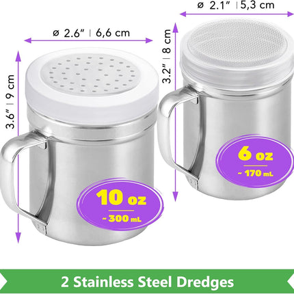 6 oz Powdered Sugar Shaker + 10 oz Salt Pepper Dredge + [2-pcs] Metal Parmesan Cheese Shakers (Large Holes) - All with Plastic Caps and Handles Bundle