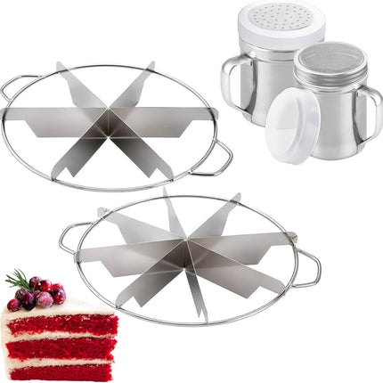 10-inch Stainless Steel 8+6-Piece Pie Slicers + 6 oz ine Mesh Shaker + 10 oz Medium Holes Dredge - with Handles and Plastic Caps Bundle