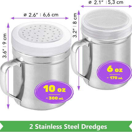 10-inch Stainless Steel 8+6-Piece Pie Slicers + 6 oz ine Mesh Shaker + 10 oz Medium Holes Dredge - with Handles and Plastic Caps Bundle