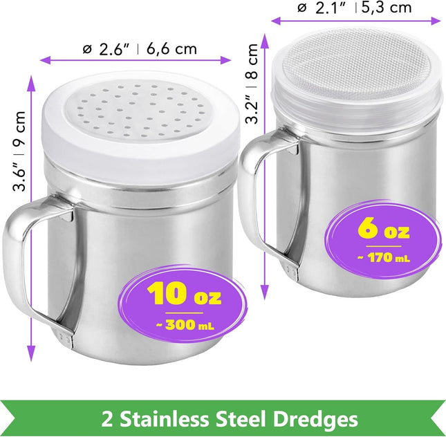 10-inch Stainless Steel 8 Plus 6-Piece Pie Slicers Plus 6 oz ine Mesh Shaker Plus 10 oz Medium Holes – product detail