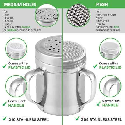10-inch Stainless Steel 8+6-Piece Pie Slicers + 6 oz ine Mesh Shaker + 10 oz Medium Holes Dredge - with Handles and Plastic Caps Bundle