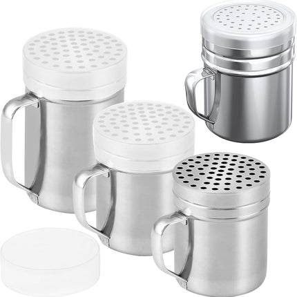 [10oz + 10oz + 14oz] Large Holes Stainless Steel Dredges + [1-pc] 10 oz Stainless Steel Salt Pepper Dredge Shaker - All with Plastic Caps and Handles Bundle