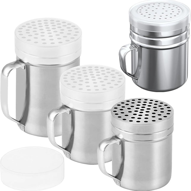 [10oz + 10oz + 14oz] Large Holes Stainless Steel Dredges + [1-pc] 10 oz Stainless Steel Salt Pepper Dredge Shaker - All with Plastic Caps and Handles Bundle
