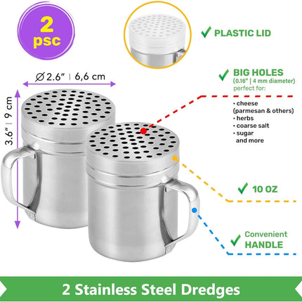 [10oz + 10oz + 14oz] Large Holes Stainless Steel Dredges + [1-pc] 10 oz Stainless Steel Salt Pepper Dredge Shaker - All with Plastic Caps and Handles Bundle