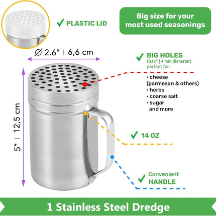 [10oz + 10oz + 14oz] Large Holes Stainless Steel Dredges + [1-pc] 10 oz Stainless Steel Salt Pepper Dredge Shaker - All with Plastic Caps and Handles Bundle