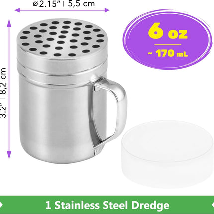 6 oz Powdered Sugar Shaker Duster + 6 oz Metal Parmesan Cheese Shaker (Large Holes) - All with Plastic Caps and Handles Bundle