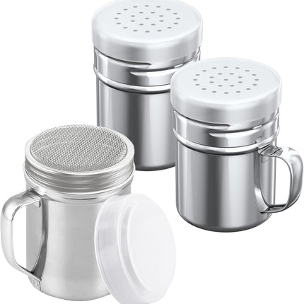 [1-pc] 6 oz Powdered Sugar Shaker Duster + [2-pcs] 6 oz Stainless Steel Salt Pepper Dredge Shakers - All with Plastic Caps and Handles Bundle