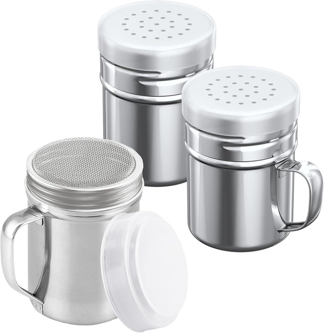 1-pc 6 oz Powdered Sugar Shaker Duster Plus 2-pcs 6 oz Stainless Steel Salt Pepper Dredge Shakers