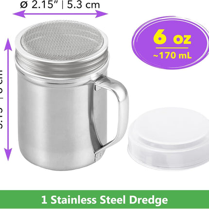[1-pc] 6 oz Powdered Sugar Shaker Duster + [2-pcs] 6 oz Stainless Steel Salt Pepper Dredge Shakers - All with Plastic Caps and Handles Bundle