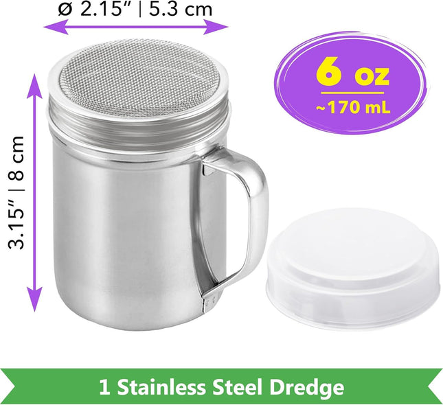 1-pc 6 oz Powdered Sugar Shaker Duster Plus 2-pcs 6 oz Stainless Steel Salt Pepper Dredge Shakers – product detail