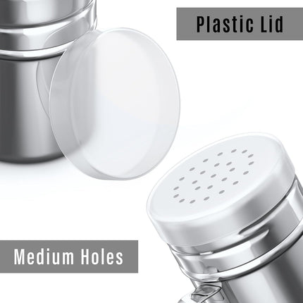 [1-pc] 6 oz Powdered Sugar Shaker Duster + [2-pcs] 6 oz Stainless Steel Salt Pepper Dredge Shakers - All with Plastic Caps and Handles Bundle