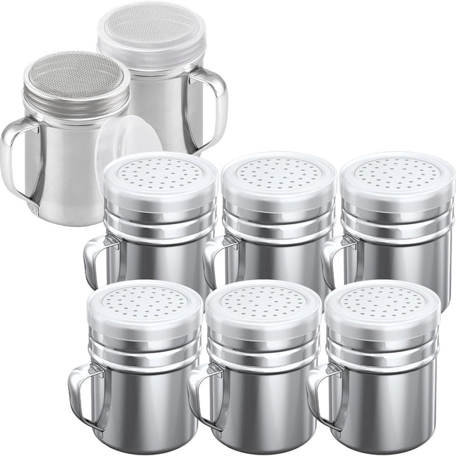 [6-pcs] 10 oz Stainless Steel Salt Pepper Dredge Shakers + [2-pcs] 10 oz Powdered Sugar Shakers - with Plastic Caps & Handles Bundle