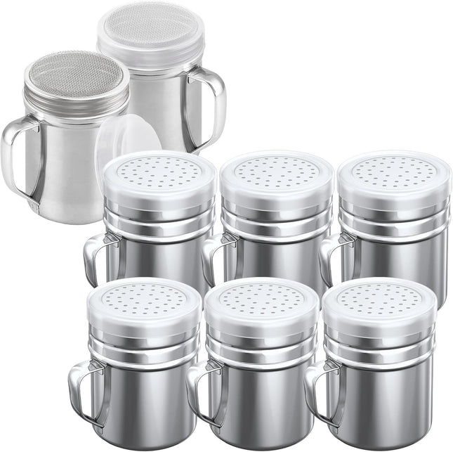 6-pcs 10 oz Stainless Steel Salt Pepper Dredge Shakers Plus 2-pcs 10 oz Powdered Sugar Shakers