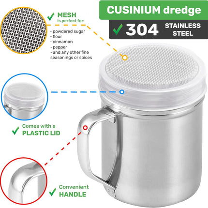[6-pcs] 10 oz Stainless Steel Salt Pepper Dredge Shakers + [2-pcs] 10 oz Powdered Sugar Shakers - with Plastic Caps & Handles Bundle