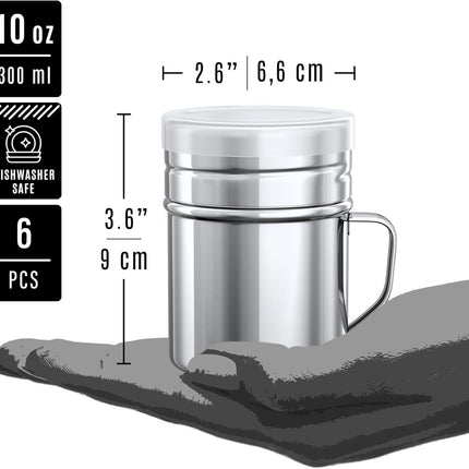 [6-pcs] 10 oz Stainless Steel Salt Pepper Dredge Shakers + [2-pcs] 10 oz Powdered Sugar Shakers - with Plastic Caps & Handles Bundle