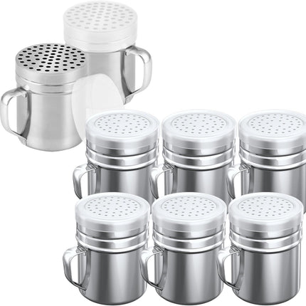 [6-pcs] 10 oz Stainless Steel Salt Pepper Dredge Shakers + [2-pcs] 10 oz Metal Parmesan Cheese Shakers - with Plastic Caps & Handles Bundle