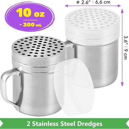 [6-pcs] 10 oz Stainless Steel Salt Pepper Dredge Shakers + [2-pcs] 10 oz Metal Parmesan Cheese Shakers - with Plastic Caps & Handles Bundle