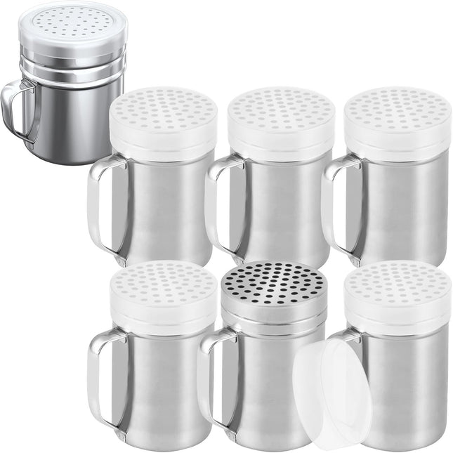 6-pcs 14 oz Metal Parmesan Cheese Shakers (Large Holes) Plus 1-pc 10 oz Stainless Steel Salt Pepper Dredge