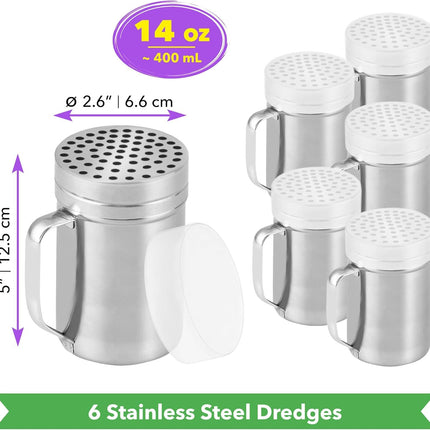 [6-pcs] 14 oz Metal Parmesan Cheese Shakers (Large Holes) + [1-pc] 10 oz Stainless Steel Salt Pepper Dredge Shaker - with Plastic Caps & Handles Bundle