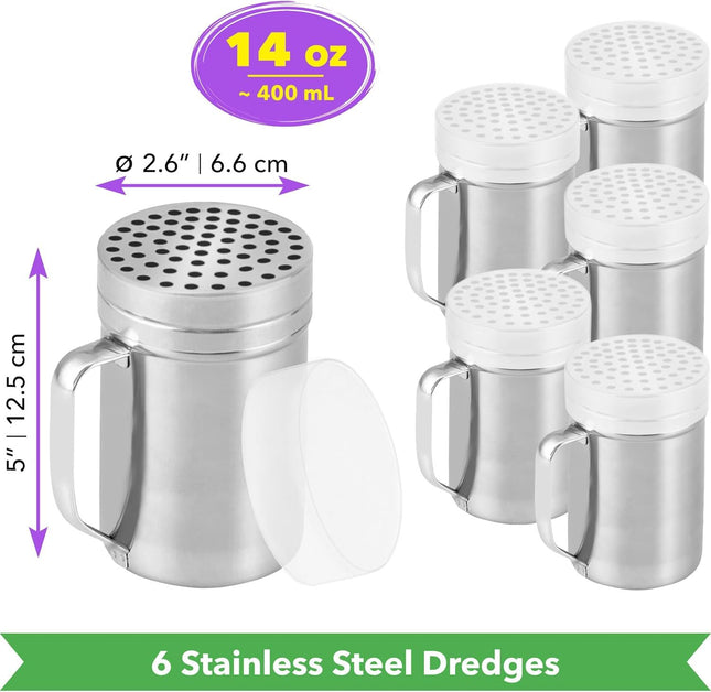 6-pcs 14 oz Metal Parmesan Cheese Shakers (Large Holes) Plus 1-pc 10 oz Stainless Steel Salt Pepper Dredge – product detail