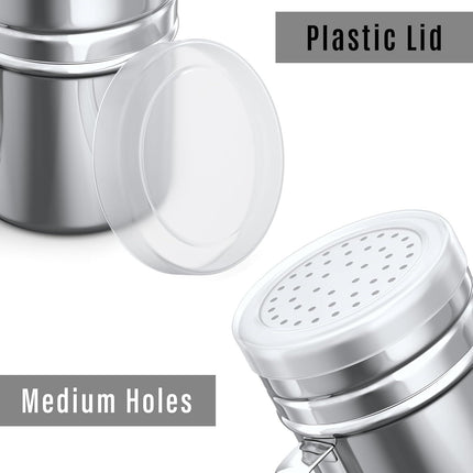 [6-pcs] 14 oz Metal Parmesan Cheese Shakers (Large Holes) + [1-pc] 10 oz Stainless Steel Salt Pepper Dredge Shaker - with Plastic Caps & Handles Bundle
