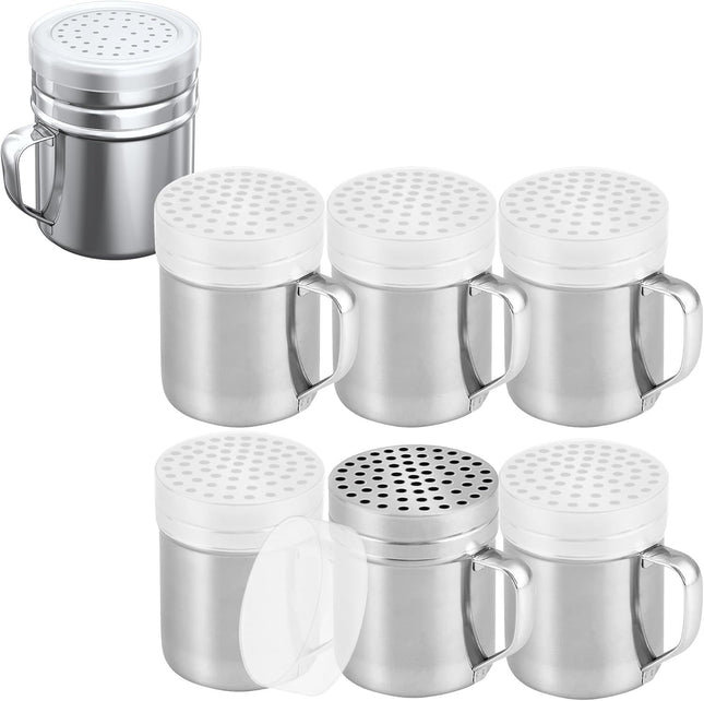 6-pcs 10 oz Metal Parmesan Cheese Shakers (Large Holes) Plus 1-pc 10 oz Stainless Steel Salt Pepper Dredge