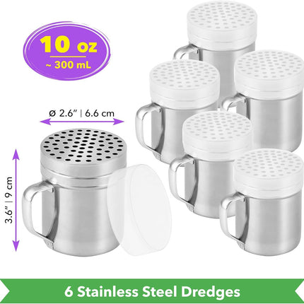 [6-pcs] 10 oz Metal Parmesan Cheese Shakers (Large Holes) + [1-pc] 10 oz Stainless Steel Salt Pepper Dredge Shaker - with Plastic Caps & Handles Bundle