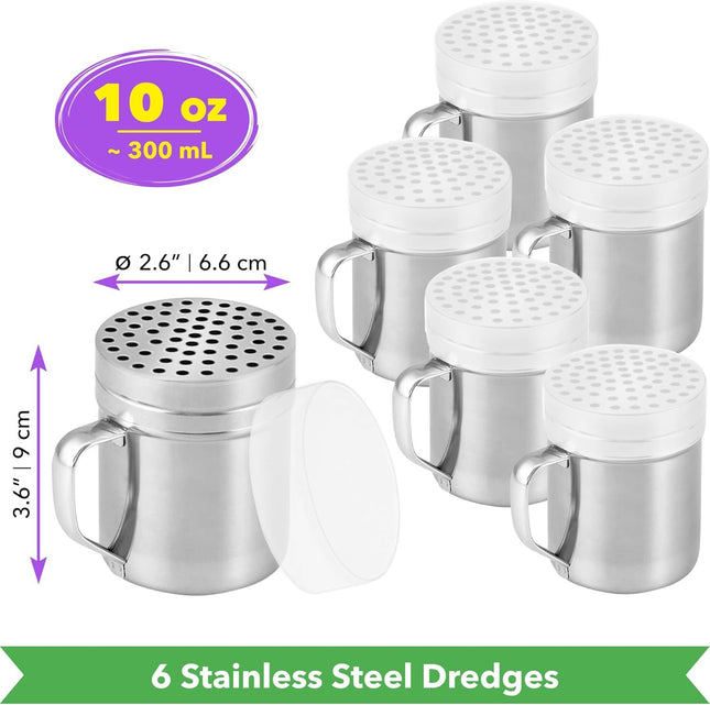 6-pcs 10 oz Metal Parmesan Cheese Shakers (Large Holes) Plus 1-pc 10 oz Stainless Steel Salt Pepper Dredge – product detail