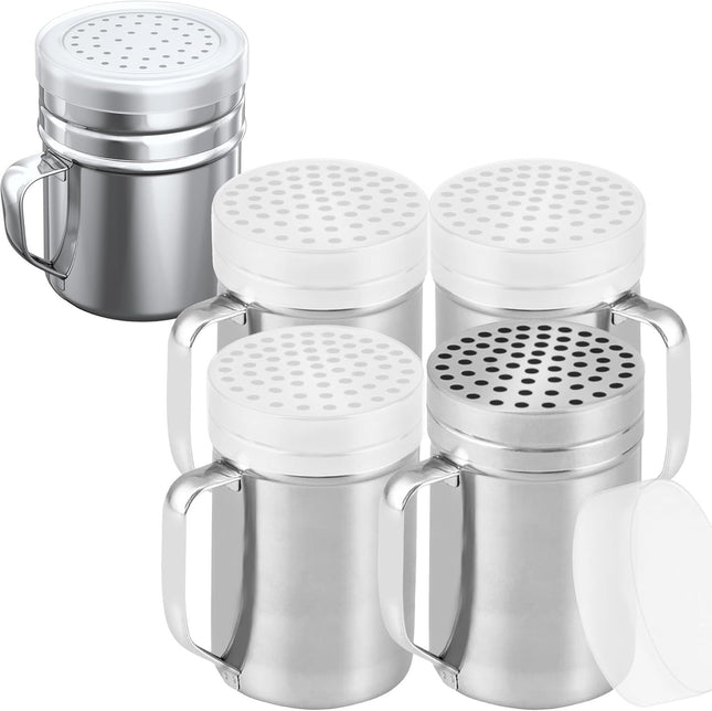 4-pcs 14 oz Metal Parmesan Cheese Shakers (Large Holes) Plus 1-pc 10 oz Stainless Steel Salt Pepper Dredge